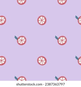 Simple vector seamless pattern with orange slices, branches on lilac background. Merry Christmas and New Year symbol texture. Hand drawn festive design for textile, wrapping, prints, wallpaper