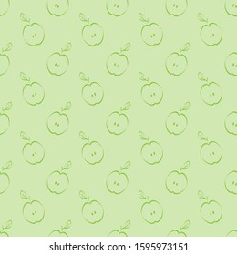 Simple vector seamless pattern with outline apples; green background; fruity background for package, wallpaper, wrapping paper, fabric, textile, web design.