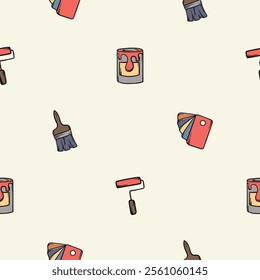 Simple vector seamless pattern with paint can, brush, palette and roller. Editable background with construction and repair signs and symbols, equipment and tools. Design for wrapping paper, print