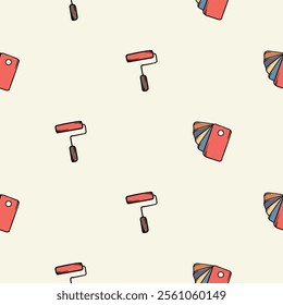 Simple vector seamless pattern with paint palette and roller. Editable background with construction and repair signs and symbols, equipment and tools. Design for wrapping paper, print, decoration