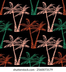 Simple vector seamless pattern.  Palm trees on a black background. For fabric prints, textiles, men's summer shirts, beachwear.