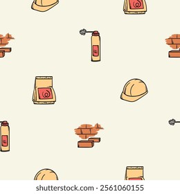 Simple vector seamless pattern with polyurethane foam, construction mixtures, brick wall and hard hat. Editable background with construction and repair signs and symbols, equipment and tools