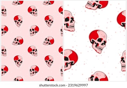 Simple Vector Seamless Pattern with Skeleton Head. Red-Pink Human Skull and Stars Isolated on a White and Pastel Pink Background. Halloween Endless Print. Halloween Wallpaper. RGB. Skeleton Heads.