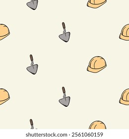 Simple vector seamless pattern with spatula and helmet. Editable background with construction and repair signs and symbols, equipment and tools. Design for wrapping paper, print, decoration