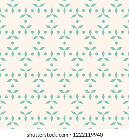 Simple vector seamless pattern. Subtle geometric texture with small stars, floral shapes, leaves. Abstract background in turquoise and white colors. Minimal repeat design for decor, wallpapers, print
