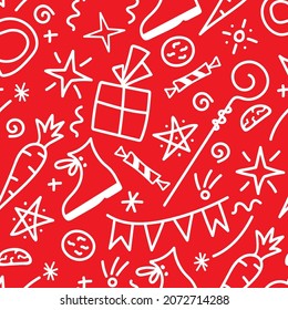 Simple vector seamless pattern. The traditional holiday is St. Nicholas Day, Sinterklaas. For wrapping paper prints, gifts, textiles. White outline on a red background.