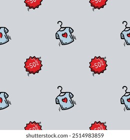 Padrão simples vetor sem emenda com t-shirt e cupom de desconto. Interminável fundo associado com compras, supermercado, vendas, promoções, Black Friday. Ilustração para papel de embalagem, impressões