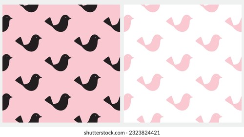 Simple Vector Seamless Patterns with Birds. Silhouette of Little Birds isolated on a Pastel Pink and White Background. Print with Black and Pink Sparrows ideal for Fabric, Textile, Wrapping Paper.