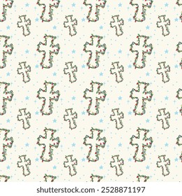 Simple vector seamless patterns with cross Jesus Christmas lights. Art and Illustration