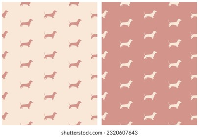 Simple Vector Seamless Patterns with Dachshund. Silhouette of Dachshund isolated on a Light Ivory and Dusty Pink Background. Side View of Dog.RGB Colors.Cool Print for Dog Lovers ideal for Fabric.