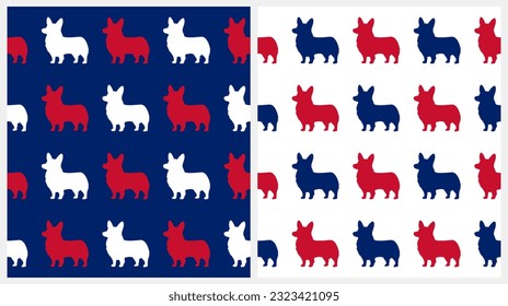 Simple Vector Seamless Patterns with Dogs. Silhouette of Corgi Dogs isolated on a Dark Blue and White Background. Side View of Dog. RGB Colors. Cool Print for Dog Lovers ideal for Fabric, Textile.