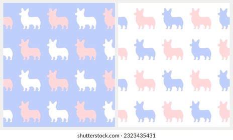 Simple Vector Seamless Patterns with Dogs. Silhouette of Corgi Dogs isolated on a Light Blue and White Background. Side View of Dog. RGB Colors. Cool Print for Dog Lovers ideal for Fabric, Textile.