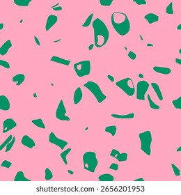 Textura sin costuras de Vector simple. Patrón realista de piso de mosaico con piedras naturales, granito, mármol, partículas dispersas al azar. Fondo de suelo de terazzo. Diseño repetido rosa y verde funky