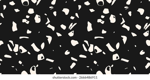 Simple vector seamless texture. Realistic pattern of mosaic floor surface with natural stones, randomly scattered particles. Monochrome terazzo flooring background. Trendy black and white geo design
