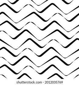 Simple vector seamless zigzag pattern. A linear background looks like waves or mountains. Naive repeating freehand drawing. Black and white abstract sketch.