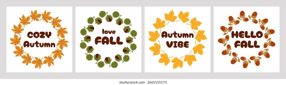 Simple vector set of autumn greeting cards or banner with fall elements. Autumn interior design poster, end of season promo template.Seasonal fall designs for invitations, decor, holiday projects .