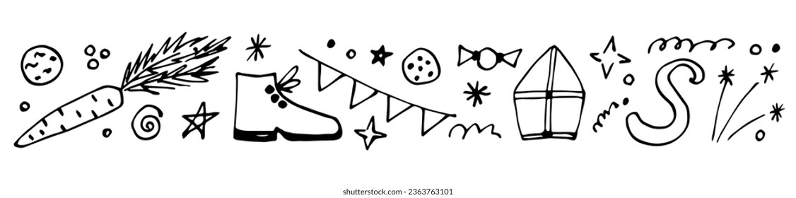 Simple vector set of black outline. St. Nicholas Day, Sinterklaas. Border, long banner.