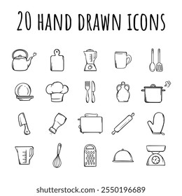 Simple vector set of black and white icons related to kitchen, kitchen utensils, cooking, cafes, restaurants, cooking. Hand drawn signs and symbols for design and decoration