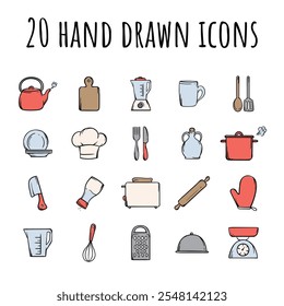 Simple vector set of color icons related to kitchen, kitchen utensils, cooking, cafes, restaurants, cooking. Hand drawn signs and symbols for design and decoration