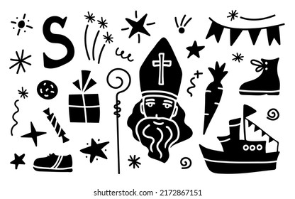 Simple vector set for decorating Saint Nicholas Day, traditional Belgian, Dutch holiday. Sinterklaas in a miter, shoe, carrot, sweets and gift, cookies.