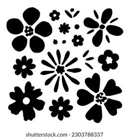 Simple vector set of floral elements. Black silhouette of flowers. To create patterns, decoration.