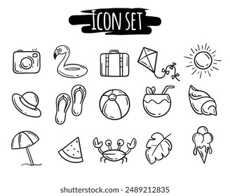 Conjunto de Vector simple de iconos relacionados con vacaciones de verano, viajes, mar y vacaciones. Iconos dibujados a mano en blanco y negro editables