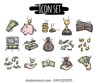 Simple vector set of icons related to money, business, finance, sales, shares. Hand drawn illustration. Signs and symbols for design.