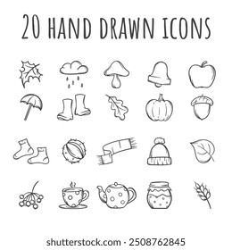 Simple vector set of icons related to autumn. Signs and symbols of autumn weather, harvest, vegetables, clothing. Elements for website design, application, advertising