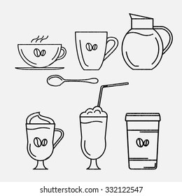 Simple vector set of icons and symbols with the theme of coffee. Elements and icons in trendy linear style. Hatching, scratch.