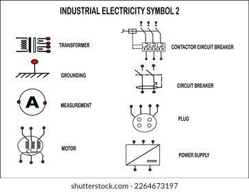 Simple vector set of industrial electricity symbols, Top view, construction symbols used in architectural plans, blueprints, graphic design elements, Vector illustration, Types of architectural drawin