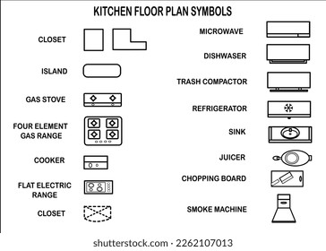 Simple vector set of kitchen floor plan symbols, Top view, construction symbols used in architectural plans, blueprints, graphic design elements, Vector illustration, Types of architectural drawing sy