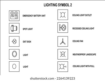 Simple vector set of lighting symbols, Top view, construction symbols used in architectural plans, blueprints, graphic design elements, Vector illustration, Types of architectural drawing symbols