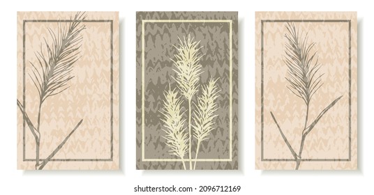 Simple vector set of posters in pastel gray-pink colors. Pampas grass panicles, knitted texture. Templates for covers, cards in boho style.