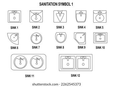 Simple vector set of sanitation plan symbols, Top view, construction symbols used in architectural plans, blueprints, graphic design elements, Vector illustration Types of architectural drawing symbol