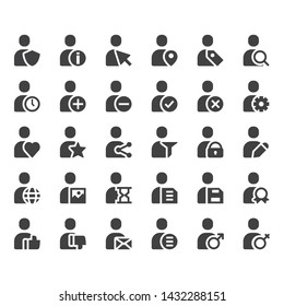 simple vector set of user with objects such glyph icons as search, fovorite, tag, gender, security, add freind, save iillustration for web, internet, app, social network, mobile, user interface button