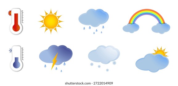 Um simples conjunto vetorial de ícones meteorológicos sobre um fundo branco. Contém imagens de sol, nuvens, chuva, vento, neve, raios, tempestades e termômetros.