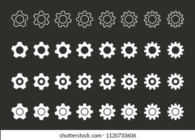 Simple vector setting icon. Cog, gear, cogwheel, development, sprocket, ets. White illustration isolated for graphic and web design.