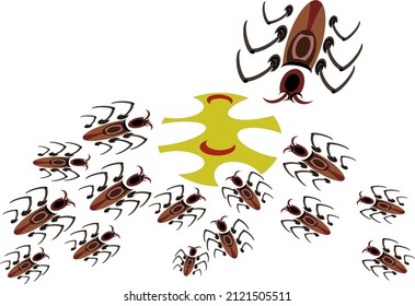 simple vector, shape of a group of brown cockroaches circling a yellow object.
