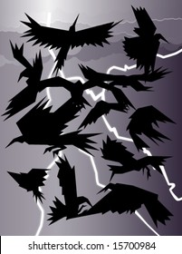 Simple vector shapes evoke a murder of crows in a storm