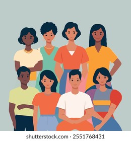 A simple vector showcasing diverse people with distinct cultural traits, relaxed poses, modern shapes, and bright, vibrant colors on a neutral, minimalist background.