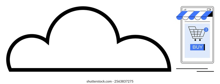 Simple vector showing a cloud next to a mobile device with shopping cart and storefront. Ideal for e-commerce, cloud storage, digital shopping, online services, and internet accessibility. Minimalist