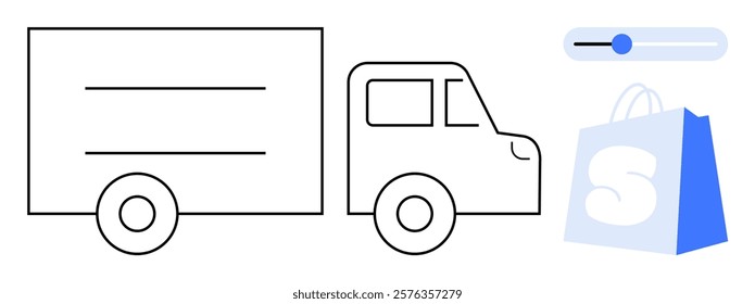 Simple vector showing a delivery truck, a shopping bag with an S on it, and a toggle button. Ideal for e-commerce, online shopping, delivery services, logistics, and digital transactions. Minimalist