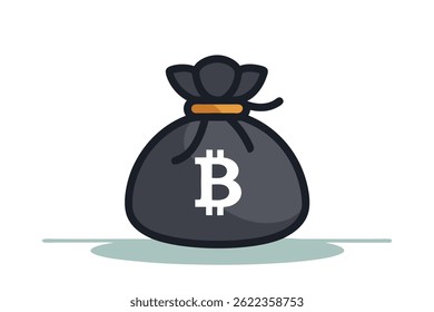 Simple vector shows a black bag with a white bitcoin symbol. An orange band cinches the top. It sits on a teal surface, all against a fully transparent background.