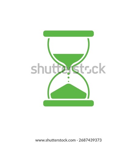 A simple vector shows a lime green hourglass shape with sand falling inside, set against a transparent backdrop. The design is minimal.