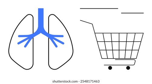 A simple vector shows lungs beside a shopping cart. Ideal for healthcare, consumerism, environmental impact, public health, and modern lifestyle. Minimalist vector style, blue and black colours