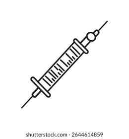 Um vetor simples mostra uma seringa com uma agulha com contorno preto. A seringa tem marcas graduais no lado para medir doses líquidas.