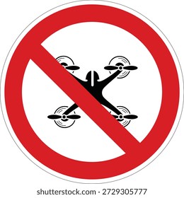 Simple vector sign depicting a quadcopter drone inside a red prohibition circle, suitable for no-fly zones and private property regulations.