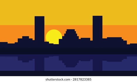 Simple vector silhouette of city skyscrapers at sunset with buildings, downtown