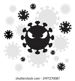 Simple vector silhouette of a coronavirus flat icon. Cartoon covid-19 with angry facial expression. Corona virus causes outbreaks of respiratory infections, world pandemics and flu. EPS 10.