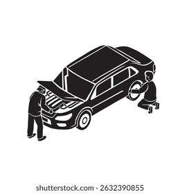 simple vector silhouette illustration of mechanic repair the car